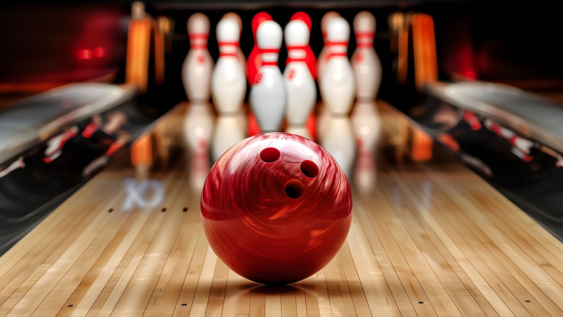 A bowling ball goes down a lane towards bowling pins.