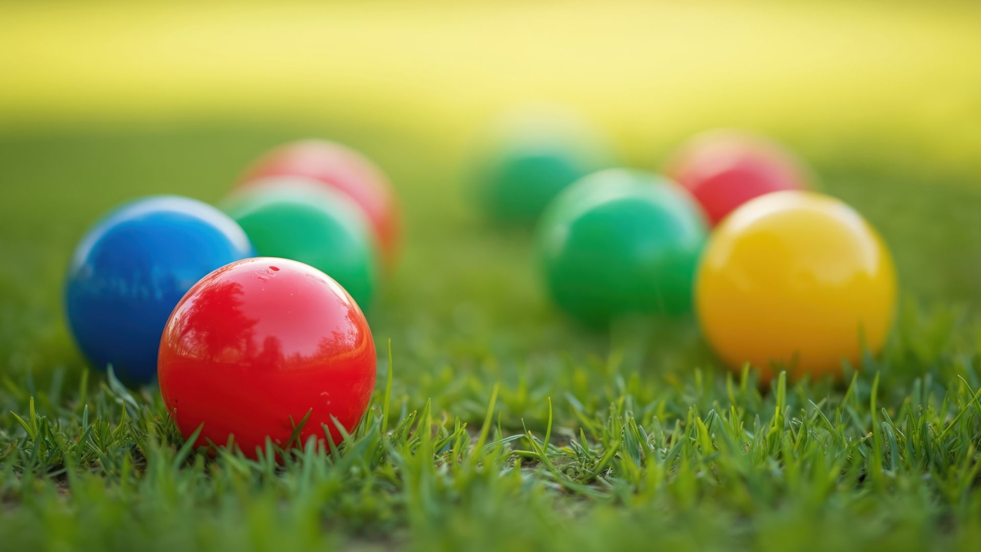Multi-coloured bocce balls lay on a lawn
