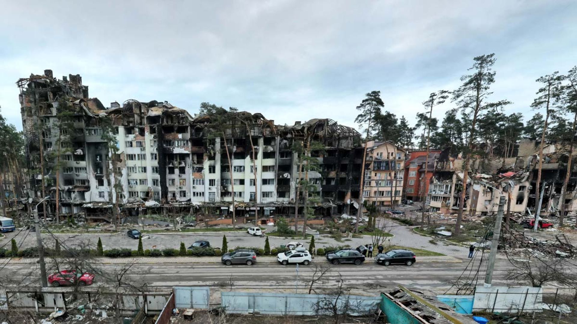 A street of apartment buildings destroyed by bombs