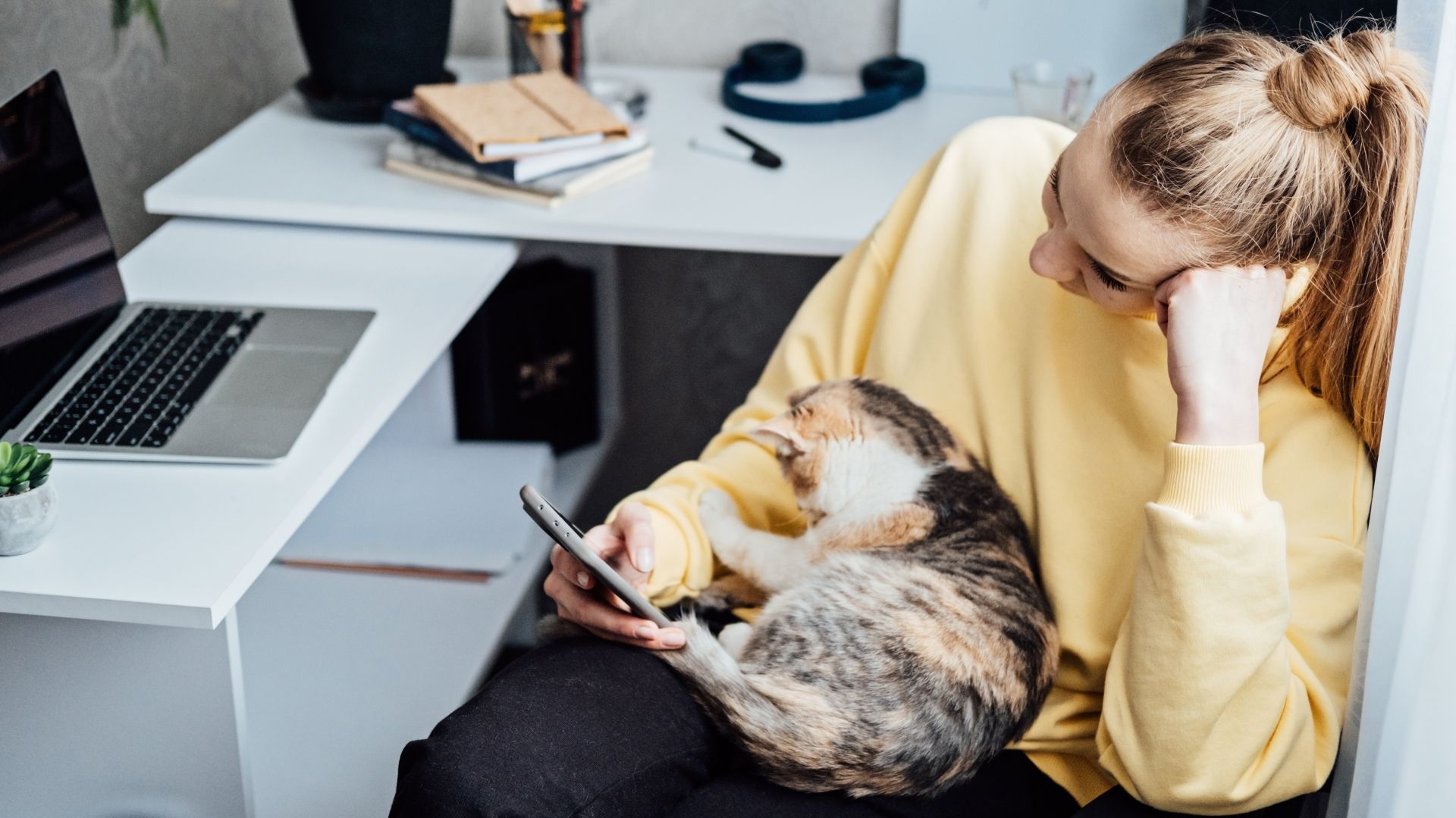 A woman sits at her desk distracted by her cellphone