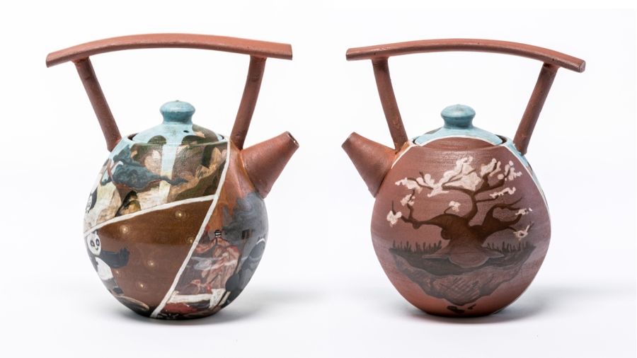 painted clay pot, front and back