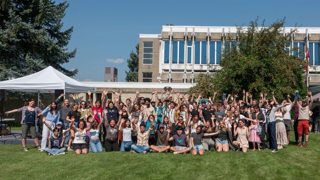 A large group of students outside