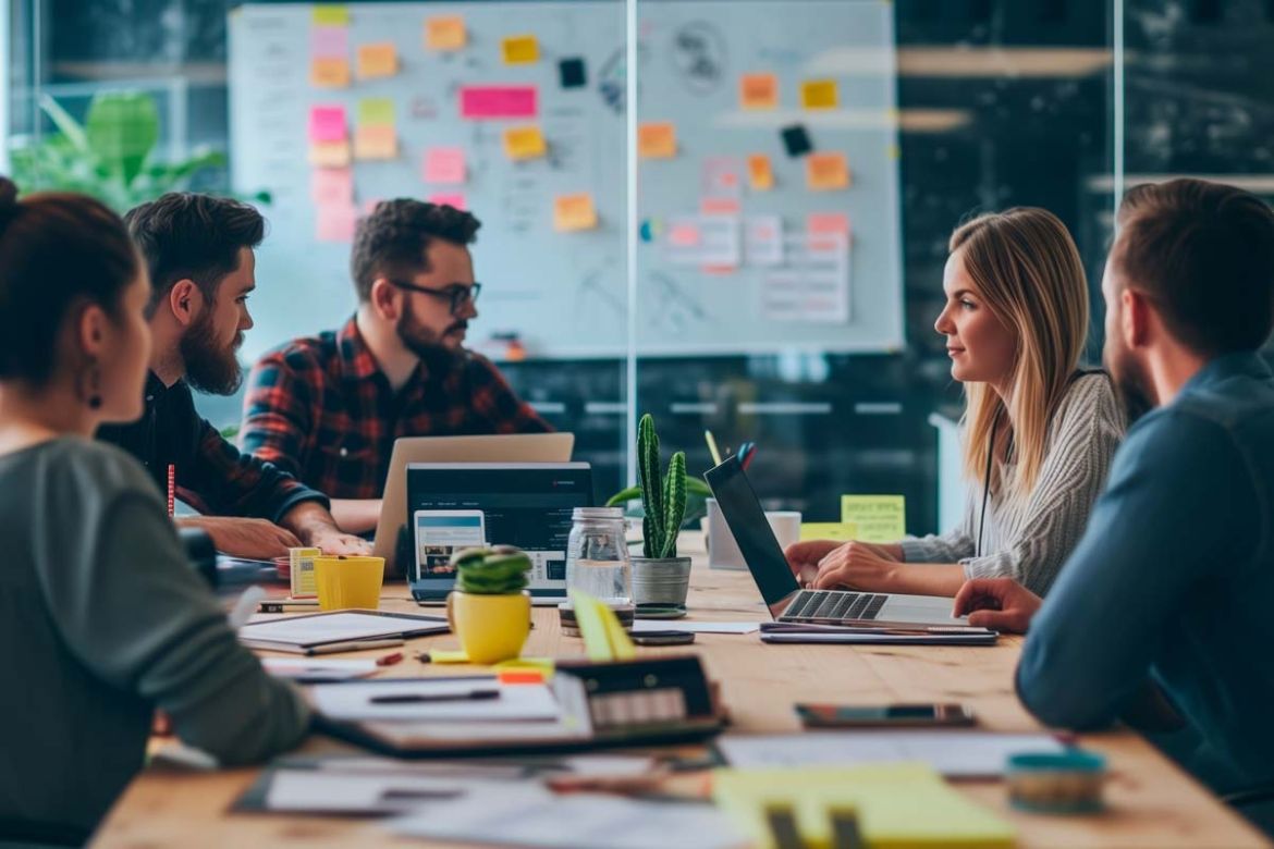 A group of colleagues sit at a conference table in front of a whiteboard