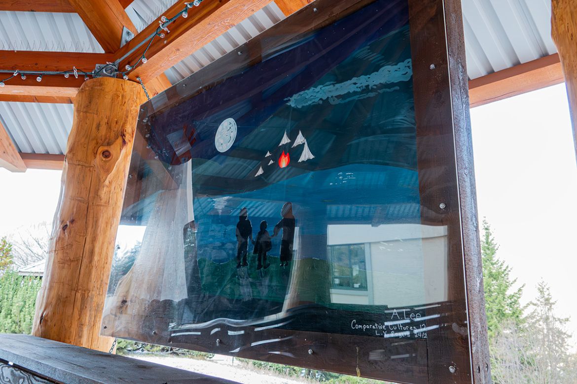 A panel in a wooden structure painted with Indigenous art