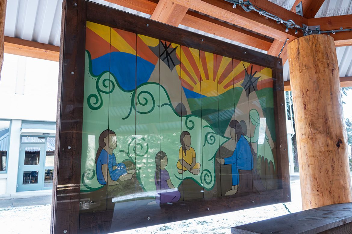 A panel in a wooden structure painted with Indigenous art