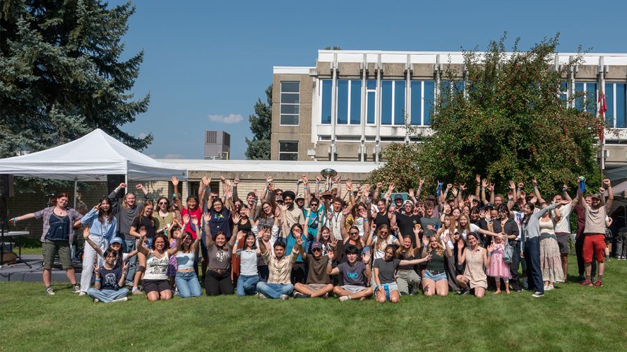 A large group of students outside