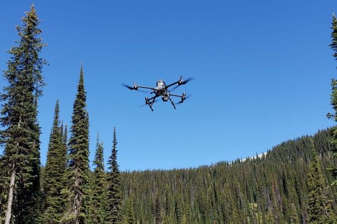 The Selkirk College DJI M300 flying a LiDAR sensor in subalpine.